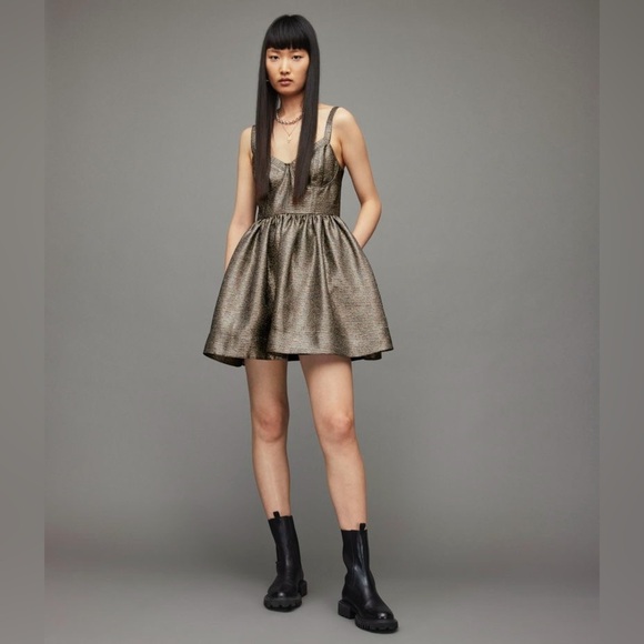 AllSaints Aimsie Metallic Gold Bustier Mini Dress Size 0
